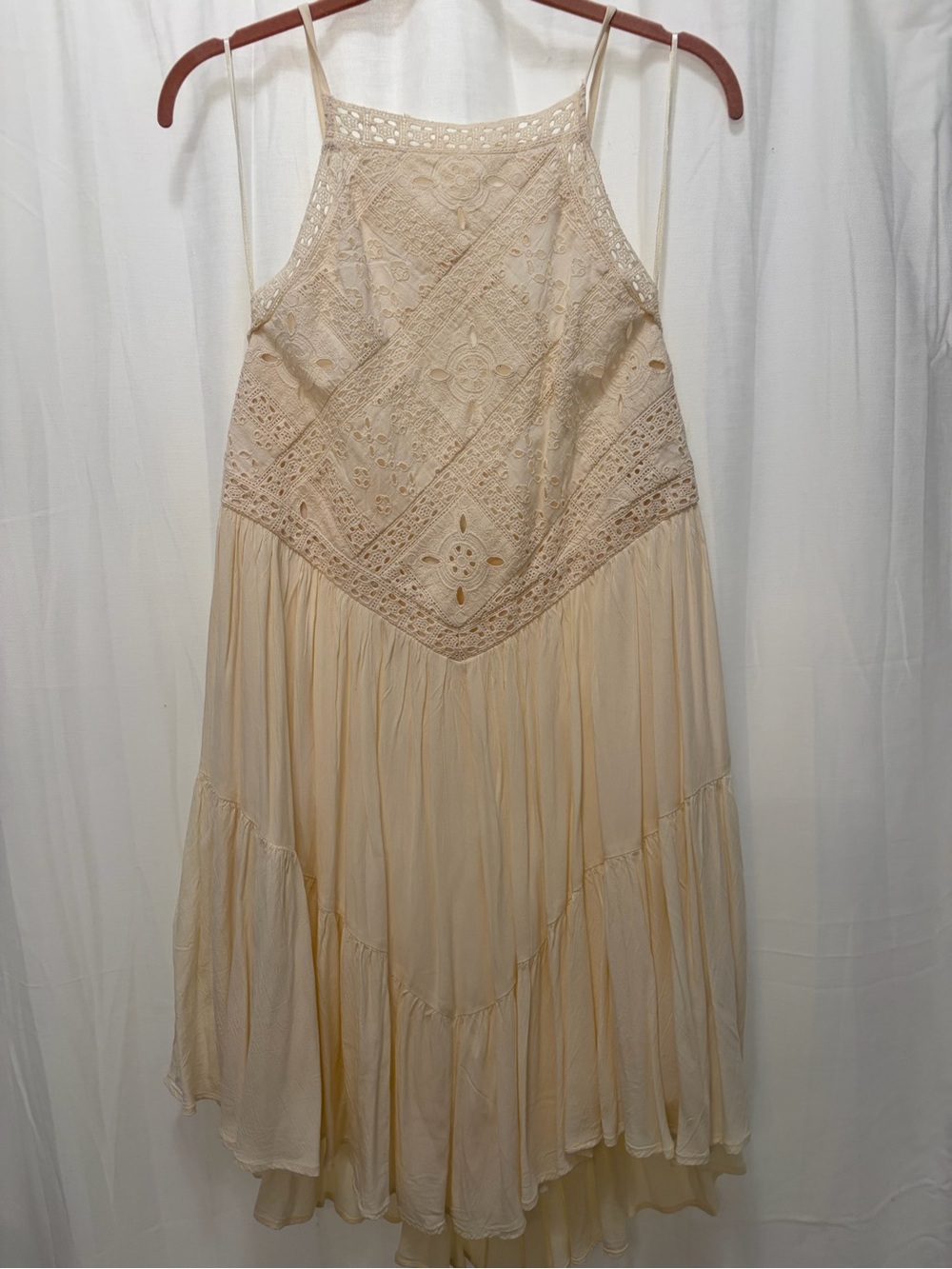 American Eagle Outfitters Cream Crochet Halter Tiered Midi Dress